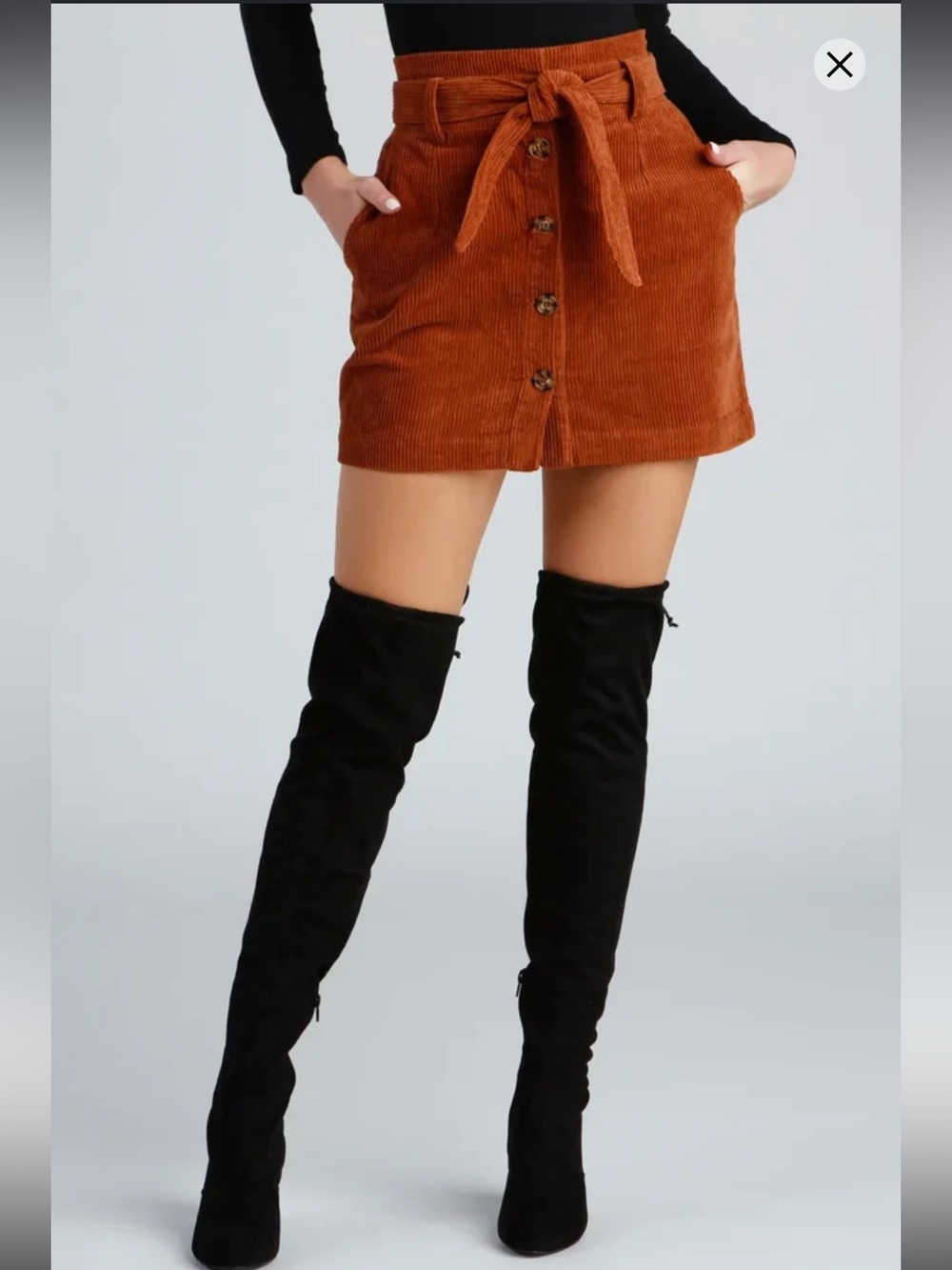 Windsor Rust Corduroy Paperbag Mini Skirt Button Front Belted Large